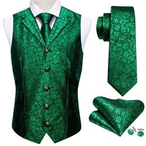 Barry Wang Men's Green Floral Silk Vest Necktie Tie Suit Accessories Set New